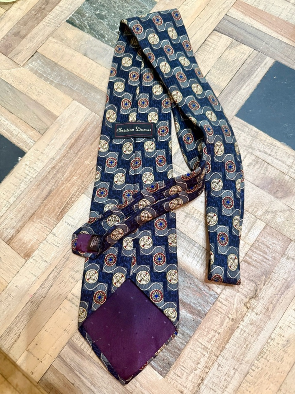 🇨🇦Vintage Christian Dumas 100% Silk Tie – Navy Blue Geometric Medallion Print